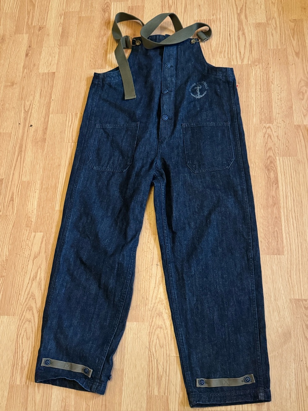 Vgt navy deck, overalls Men's Dark Blue Denim Overalls with Olive Straps SZ LG